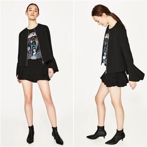 Zara Black Full Zip Flounce Sleeve Jacket